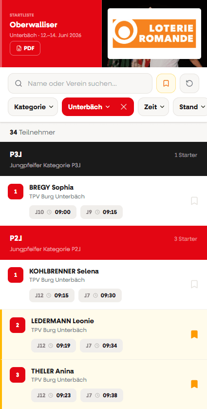 Startlisten-App zeigt Wettspieler mit Kategorien, Vereinen und Startzeiten